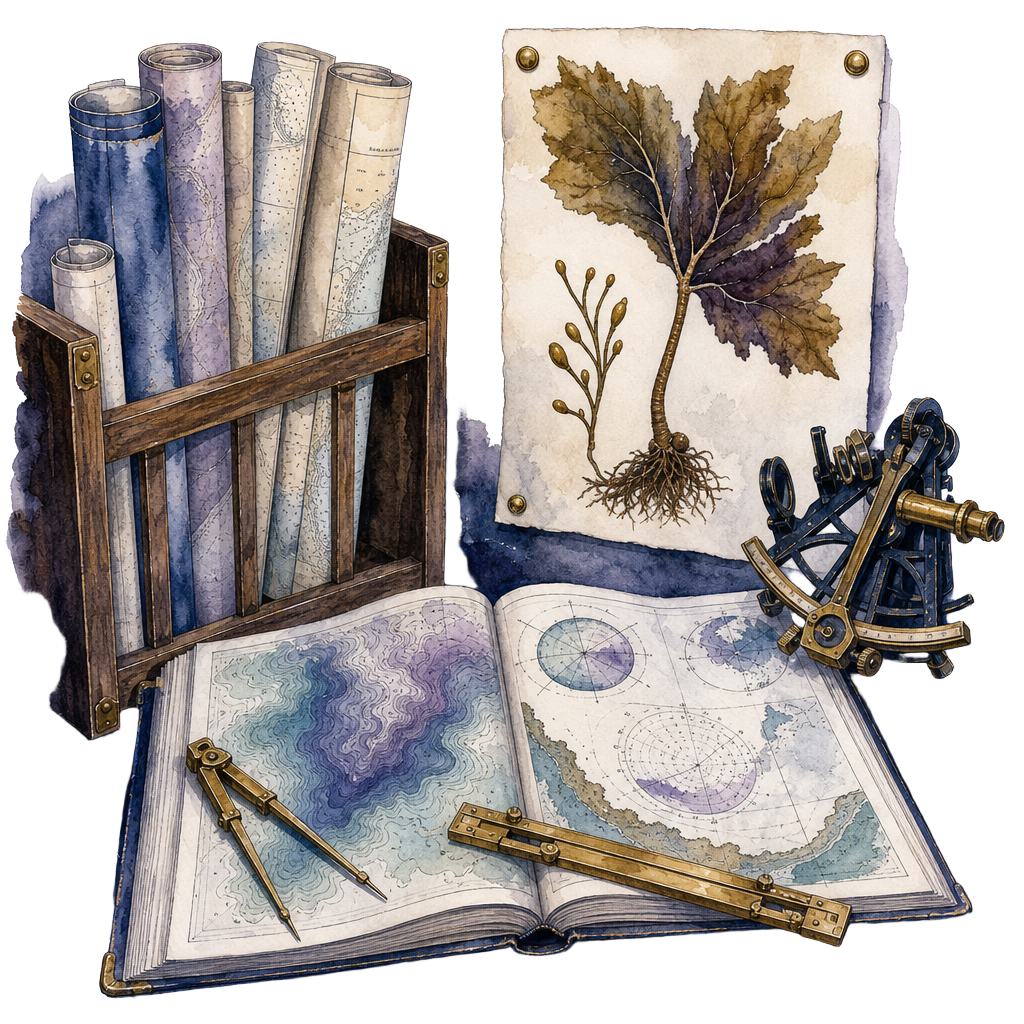 Watercolor chart room with maps, books, and writing tools
