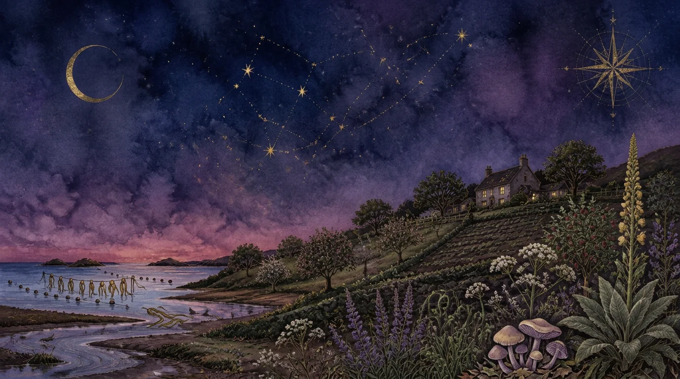 Watercolor of a hillside farm at dusk under a crescent moon, with herbs, tilled rows, cottages, a kelp farm on buoyed lines in the estuary, and mushrooms in the foreground