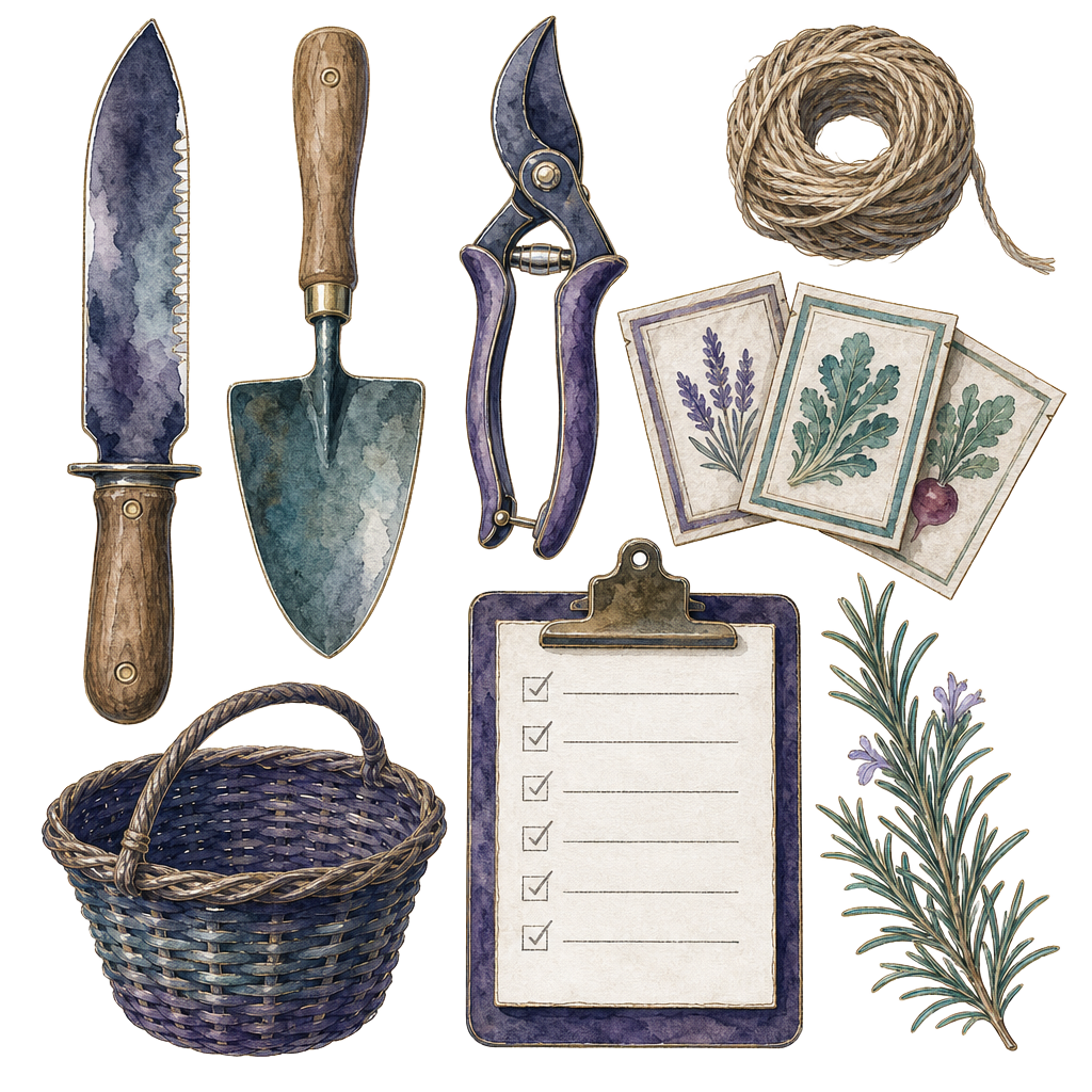 Watercolor field tools, compass, plans, and measuring instruments