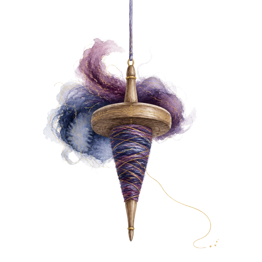 Watercolor of a drop spindle with golden yarn unwinding from it