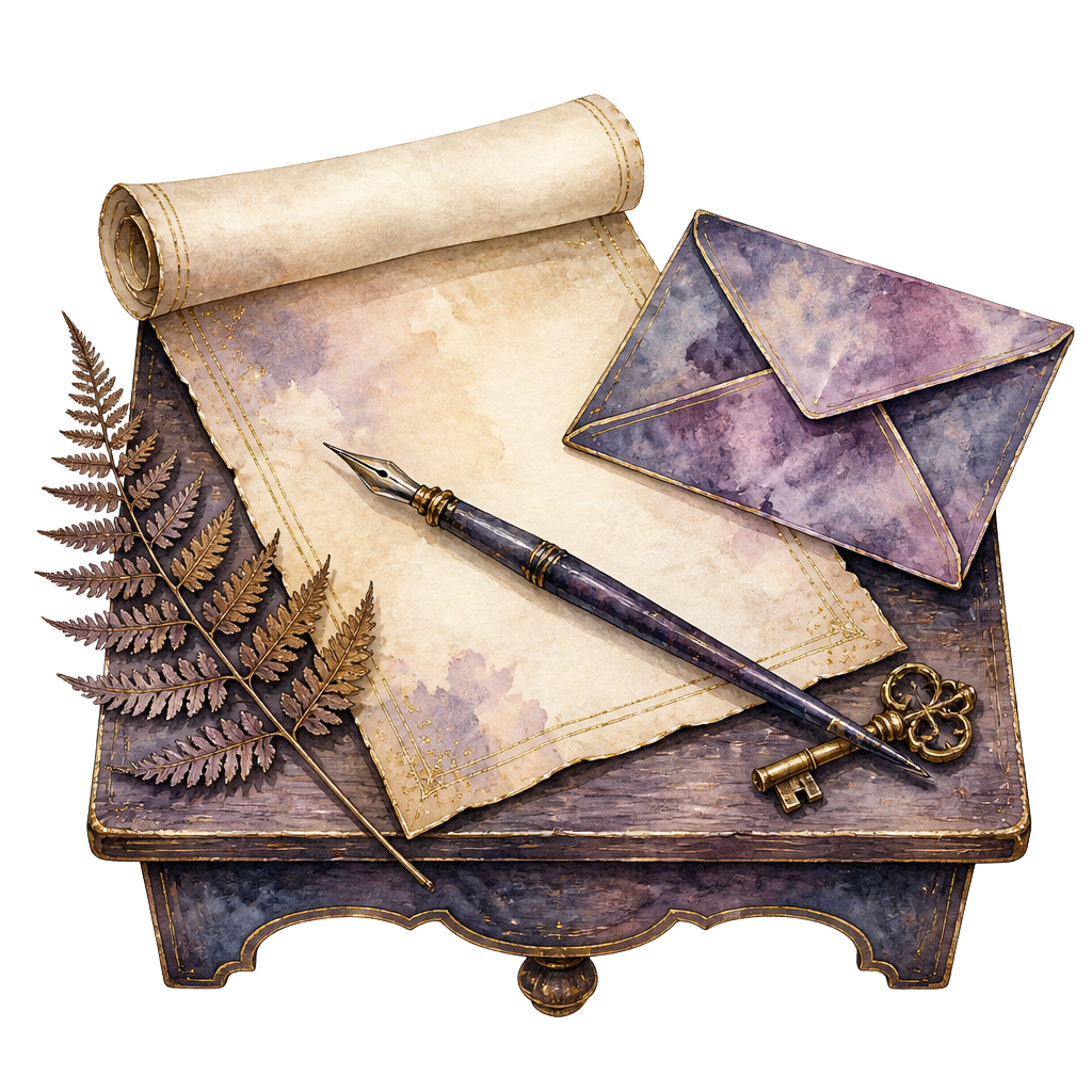 Watercolor of a handwritten letter on a wooden doorstep table with a dip pen, envelope, brass key, and pressed fern