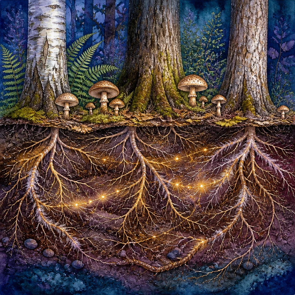 Watercolor cross-section of soil showing a mycorrhizal network linking the roots of three trees