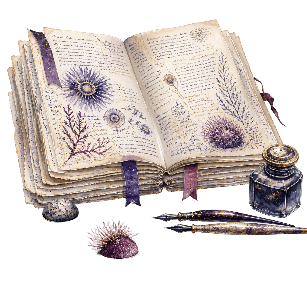 Watercolor writing desk with a quill, inkwell, and pages of marked-up drafts