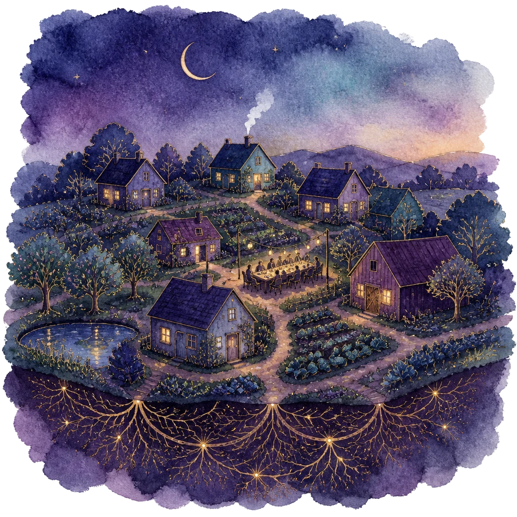 Watercolor of a small imagined village at dusk, cottages among orchard rows with gold threads running under the ground
