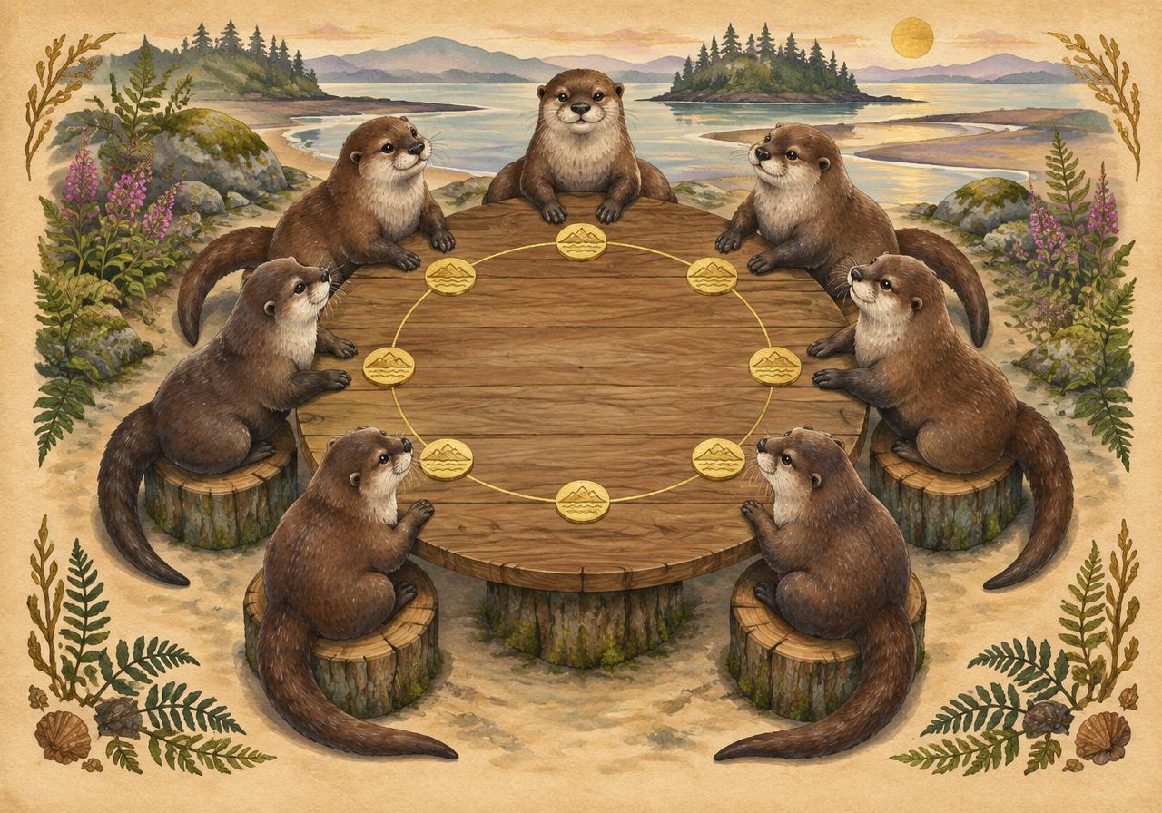 Storybook watercolour of eight river otters seated around a round driftwood table with gold voting tokens