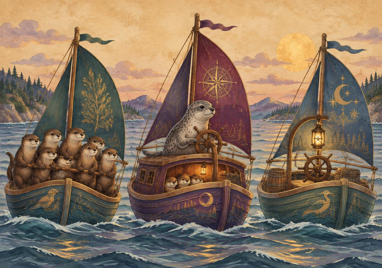 Storybook watercolour of three small boats built to different plans moored together on an estuary
