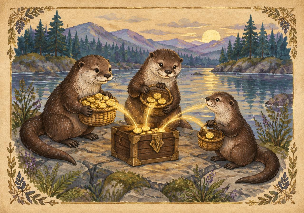 Storybook watercolour of river otters sharing a catch in fair portions on a driftwood table