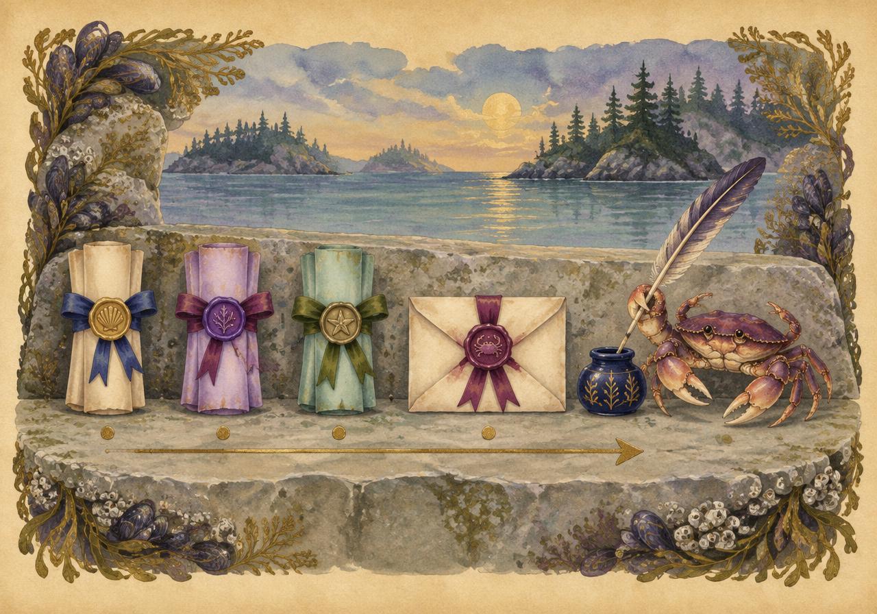 Storybook watercolour of stacked papers, a wax seal, and a ribbon laid out in order on a driftwood desk
