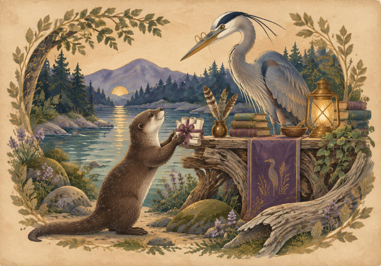 Storybook watercolour of a great blue heron listening while river otters lay out papers on a table