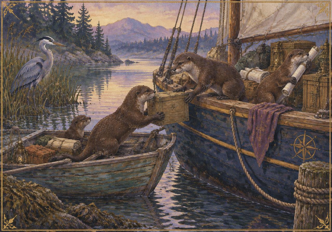 Storybook watercolour of river otters passing crates from a small rowboat into a larger sailing boat, a heron watching from the reeds