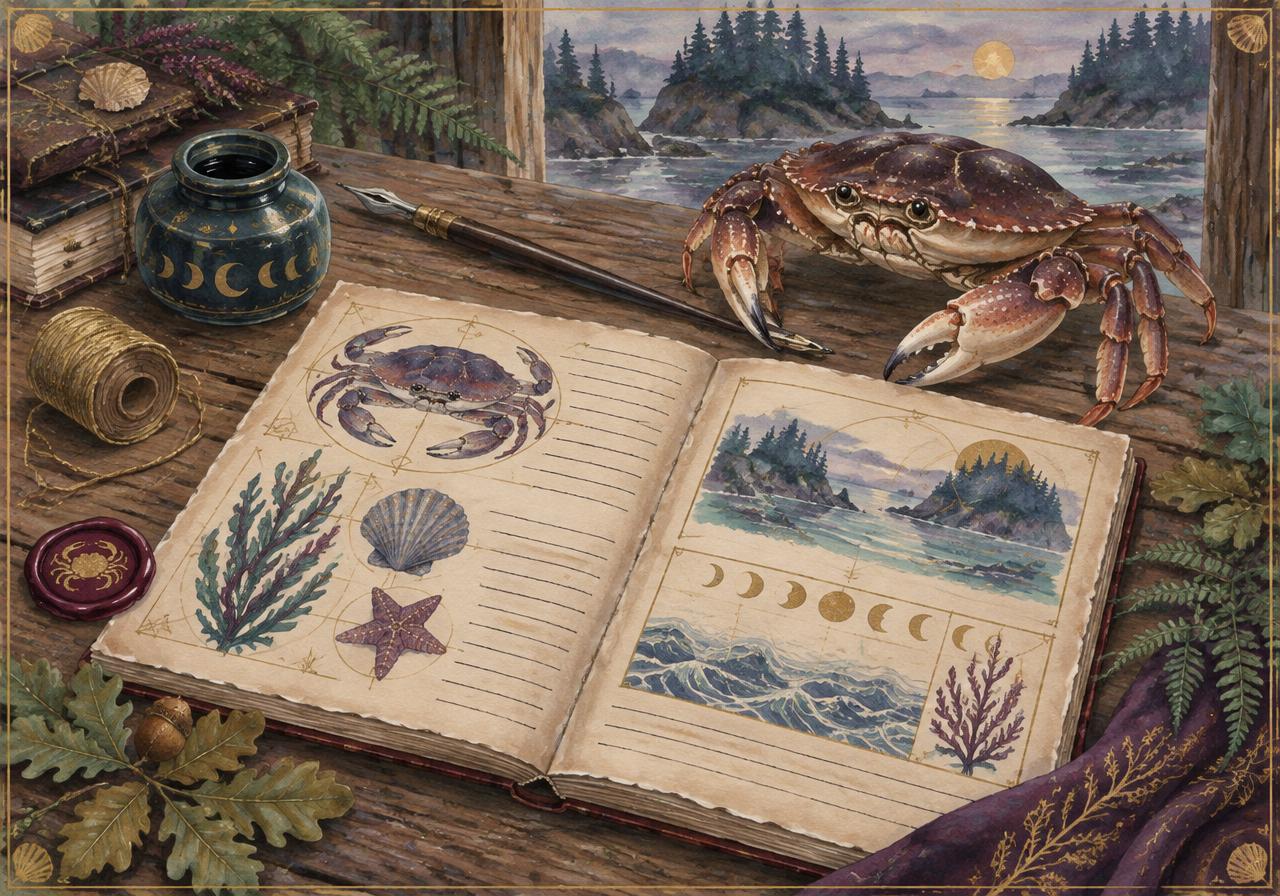 Storybook watercolour of an open stitched booklet on a driftwood table with an inkpot, dip pen, wax seal, and a Dungeness crab looking on